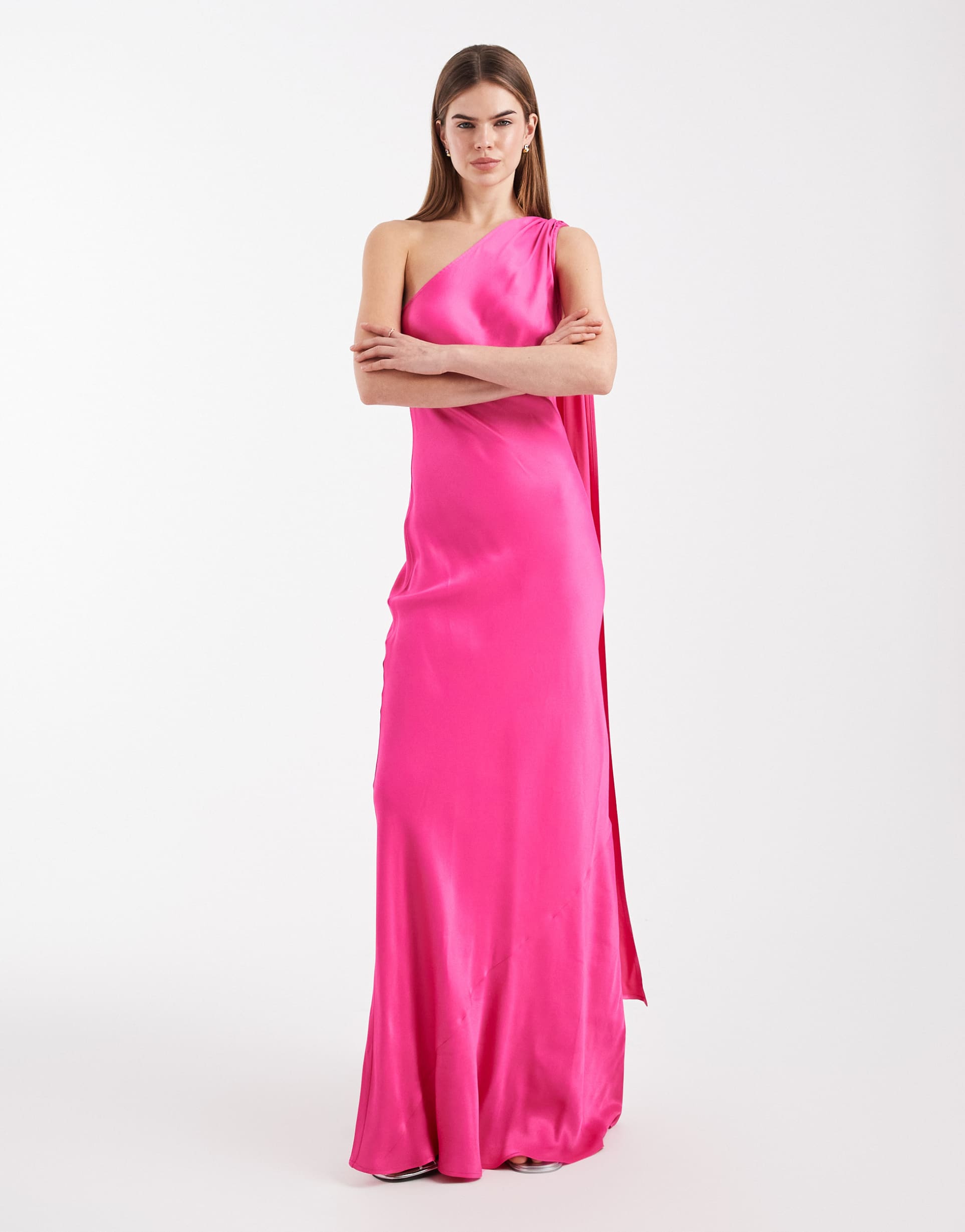 maids to measure bridesmaid one shoulder scarf maxi dress in hot pink