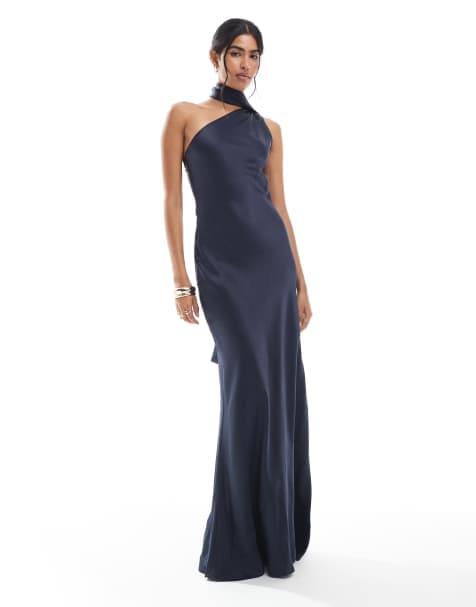 Maids to Measure Bridesmaid one shoulder scarf maxi dress in navy - view 1