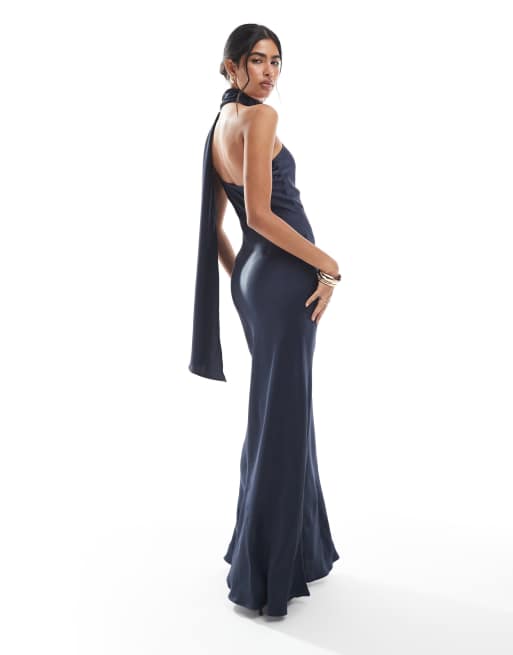 Maids to Measure Bridesmaid one shoulder scarf maxi dress in navy