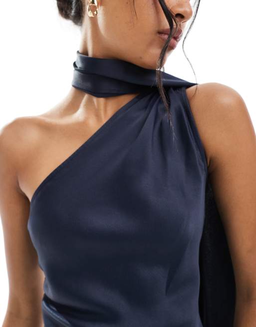 Maids to Measure Bridesmaid one shoulder scarf maxi dress in navy