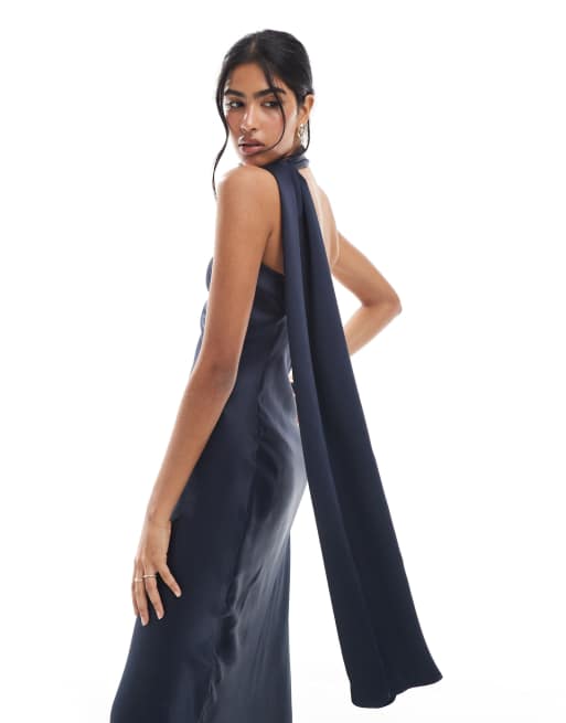 Maids to Measure Bridesmaid one shoulder scarf maxi dress in navy