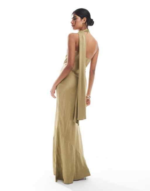 Maids to Measure Bridesmaid one shoulder scarf maxi dress in olive