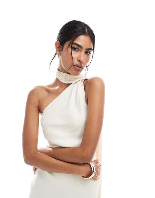 Maids to Measure Bridesmaid one shoulder scarf maxi dress in soft ivory