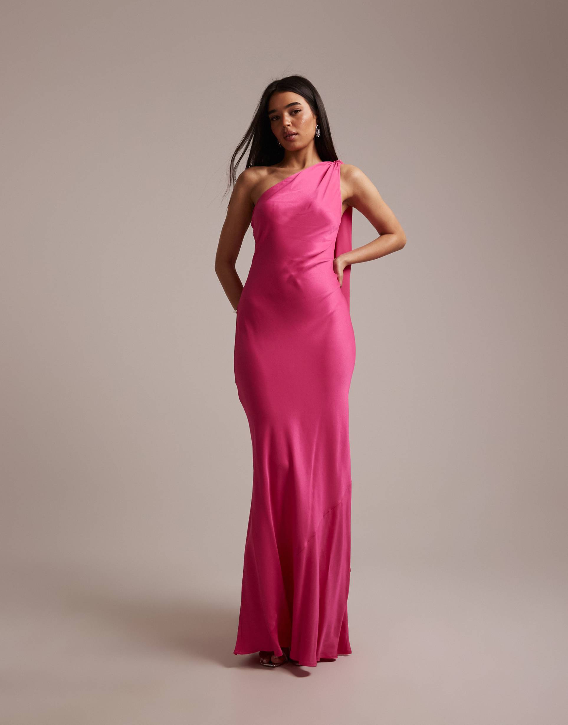 maids to measure bridesmaid satin one shoulder scarf draped detail maxi dress in hot pink