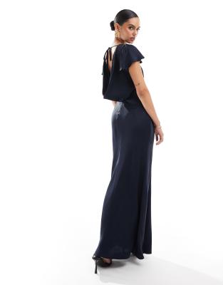 Bridesmaid short sleeve cowl back maxi dress in navy