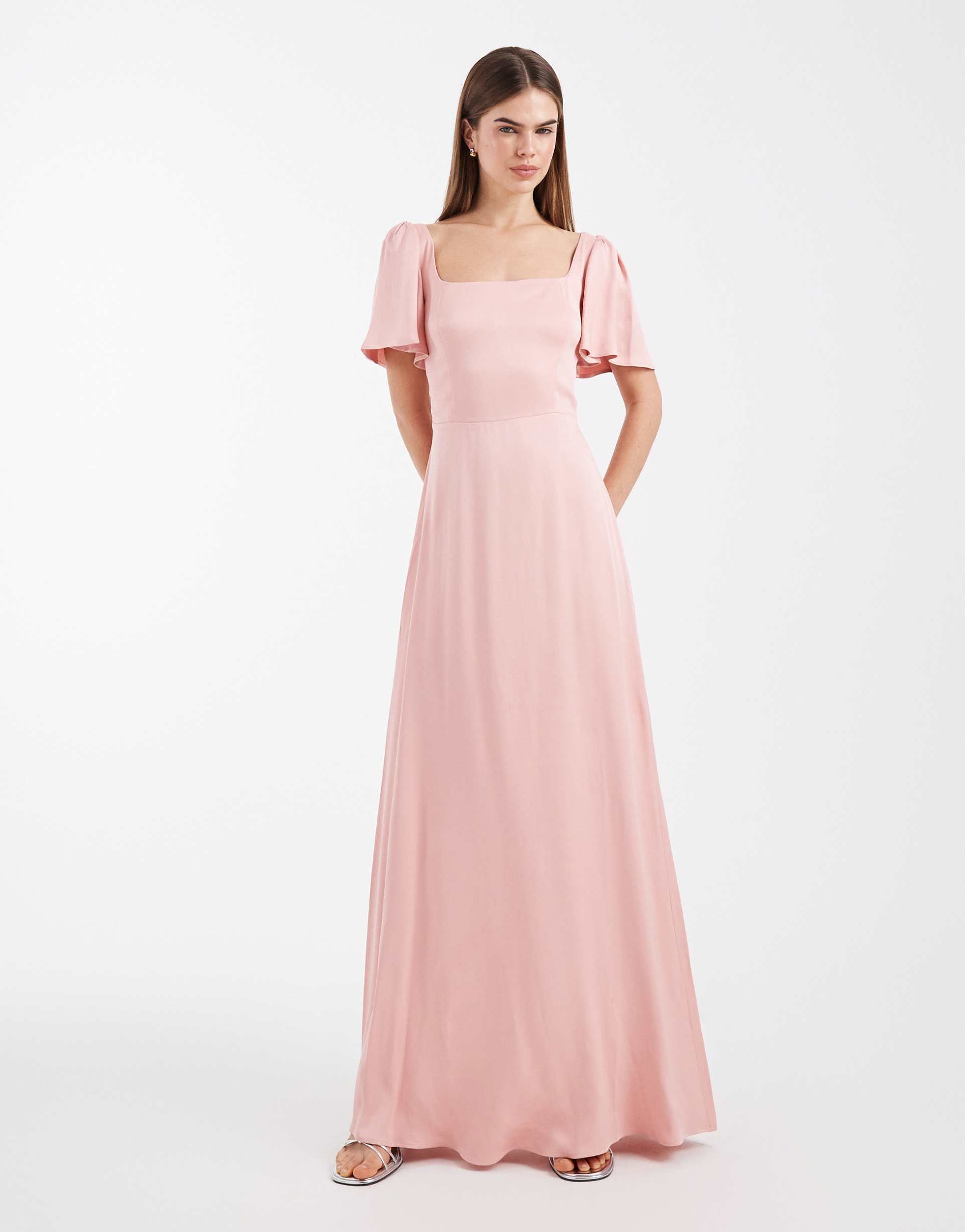 maids to measure bridesmaid square neck flutter sleeve maxi dress in blush pink