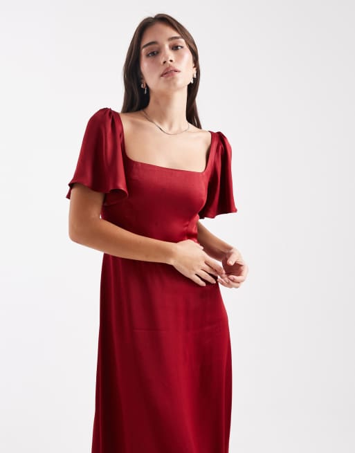 Maids to Measure Bridesmaid square neck flutter sleeve maxi dress in  burgundy | ASOS