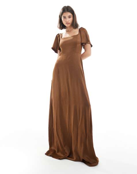 Maids to Measure Bridesmaid square neck flutter sleeve maxi dress in chocolate - view 1