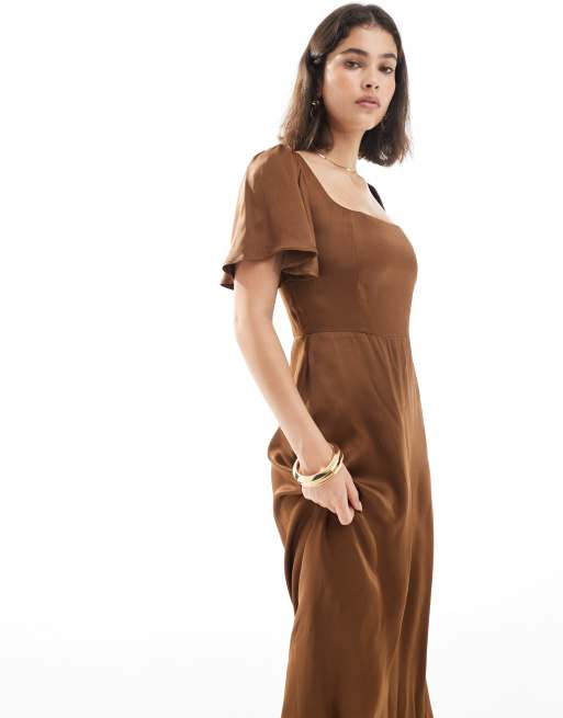 Maids to Measure Bridesmaid square neck flutter sleeve maxi dress in chocolate, 2 of 4