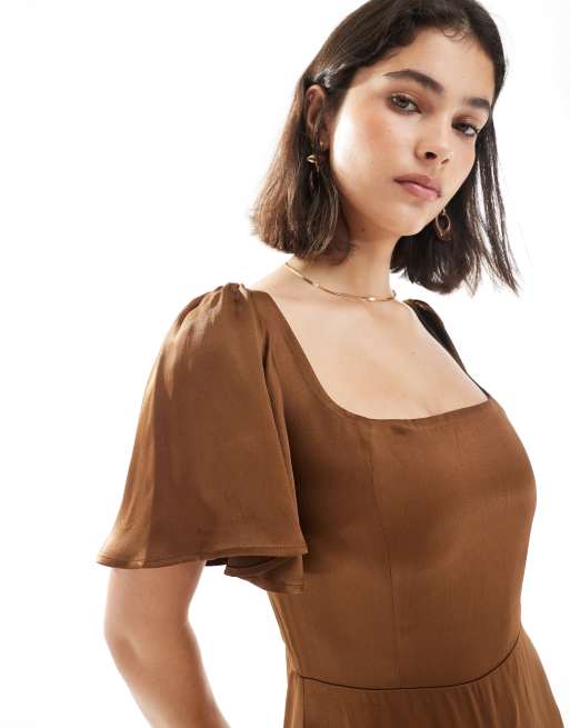 Maids to Measure Bridesmaid square neck flutter sleeve maxi dress in chocolate, 3 of 4