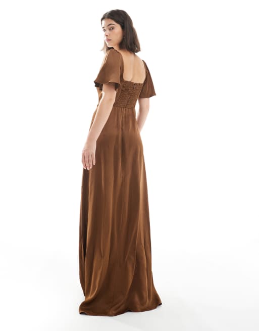 Maids to Measure Bridesmaid square neck flutter sleeve maxi dress in chocolate-Brown