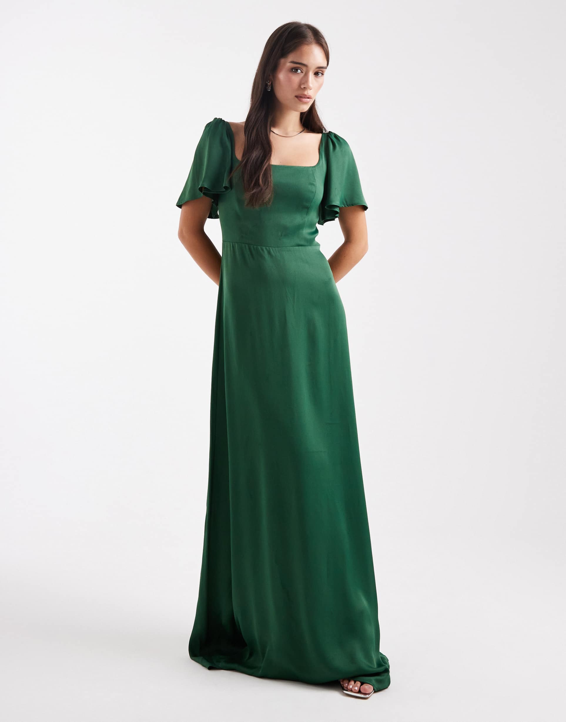 maids to measure bridesmaid square neck flutter sleeve maxi dress in emerald