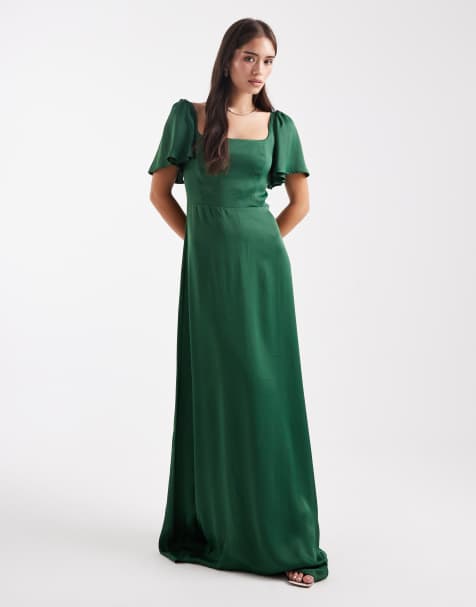 Maids to Measure Bridesmaid square neck flutter sleeve maxi dress in emerald