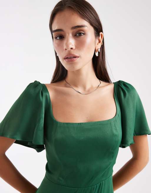 Maids to Measure Bridesmaid square neck flutter sleeve maxi dress in emerald, 2 of 4