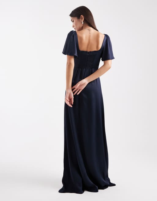Maids to Measure Bridesmaid square neck flutter sleeve maxi dress in navy |  ASOS