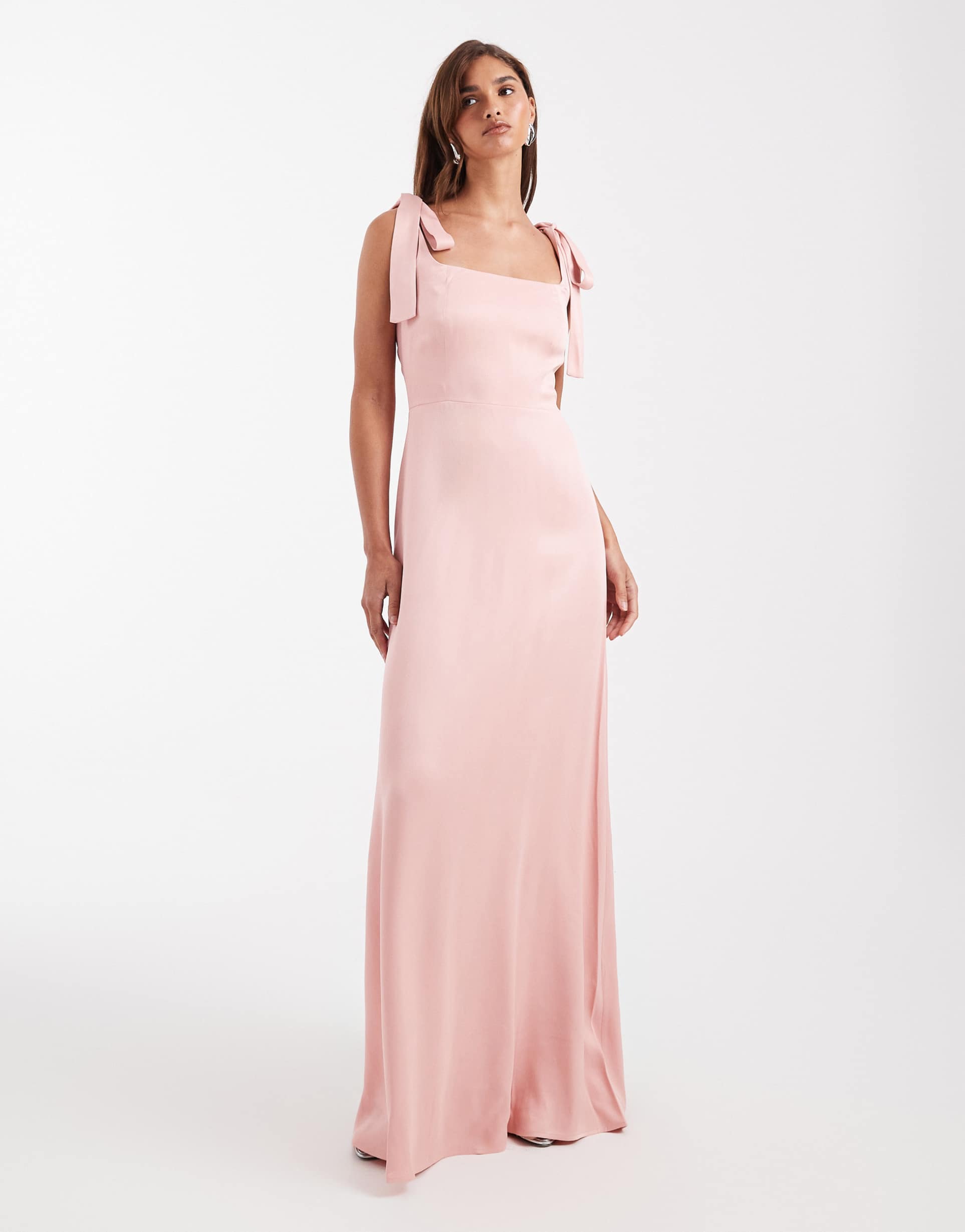 maids to measure bridesmaid tie shoulder maxi dress in blush pink