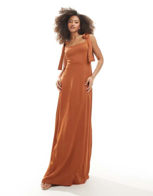 Maids to Measure Bridesmaid tie shoulder maxi dress in burnt orange