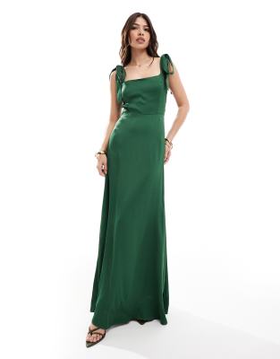 Bridesmaid tie shoulder maxi dress in emerald-Green