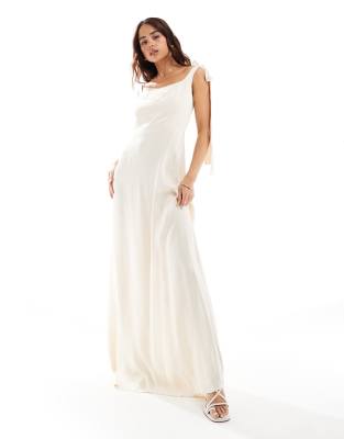 Bridesmaid tie shoulder maxi dress in ivory-White
