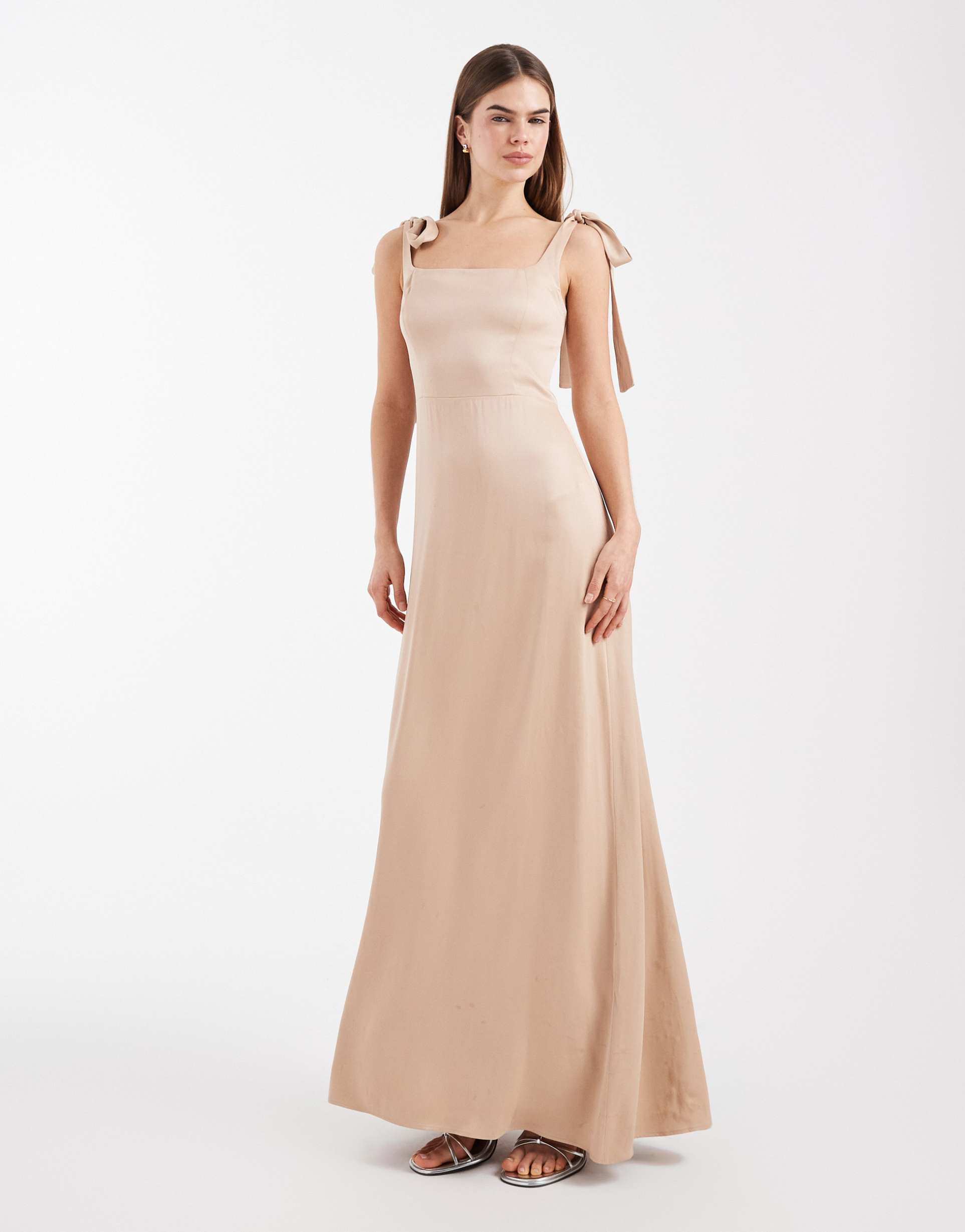 maids to measure bridesmaid tie shoulder maxi dress in mocha