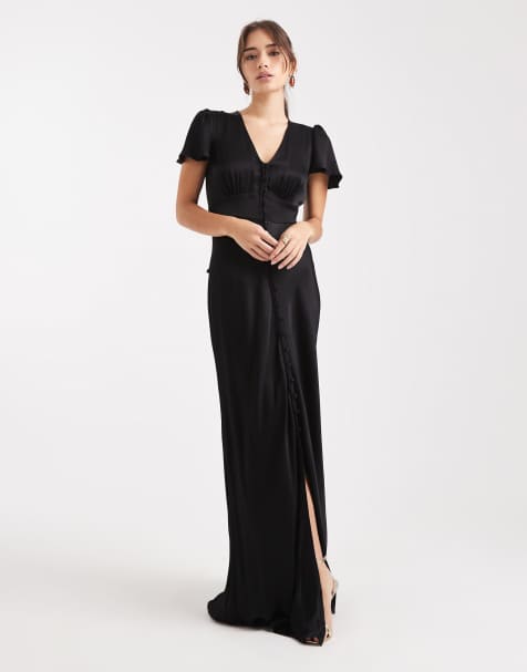 Maids to Measure Bridesmaid cap sleeve button front maxi dress in black
