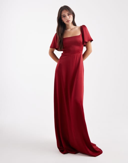Maids to Measure - Bruidsmeisjes - Maxi jurk met vierkante hals en fladdermouwen in bordeauxrood