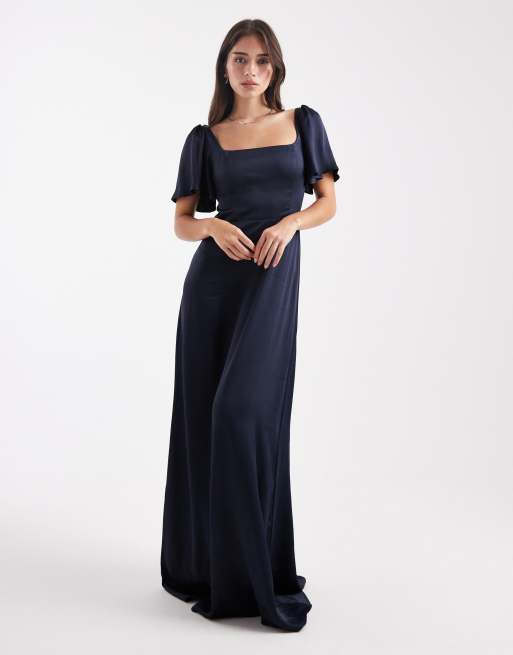 Maids to Measure - Bruidsmeisjes - Maxi jurk met vierkante hals en fladdermouwen in marineblauw