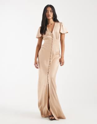 Robe longue boutonnée à l'avant pour demoiselle d'honneur - Mocha-Neutre 38