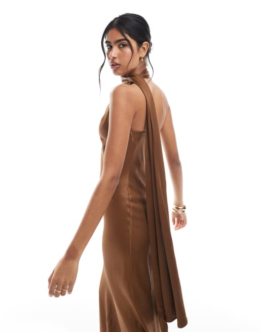 Maids to Measure - Vestito lungo da damigella monospalla color cioccolato con sciarpa, 4 di 4