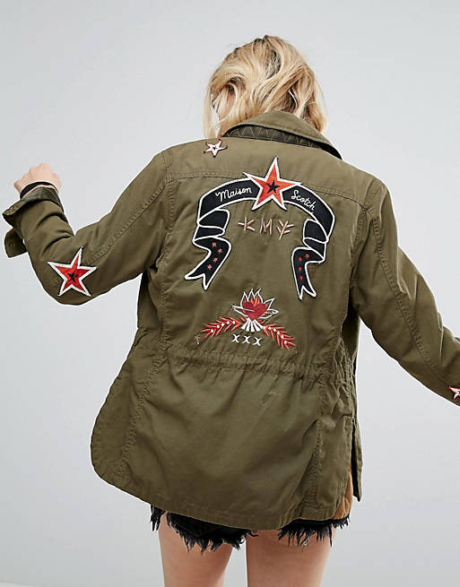 Maison Scotch Army Jacket With Embroidered Artwork And Quilted Lining