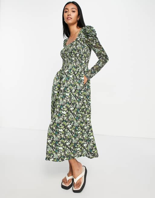 Maison Scotch floral print smocked midi dress in green | ASOS