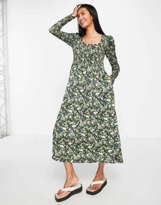 Maison Scotch floral print smocked midi dress in green