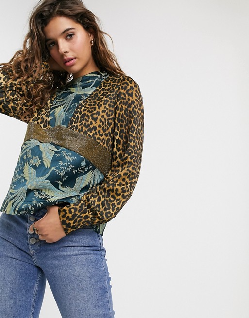 Maison Scotch mixed leopard and floral print high neck top