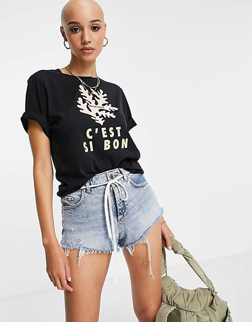 Maison Scotch organic cotton clean t-shirt with bright artwork in black