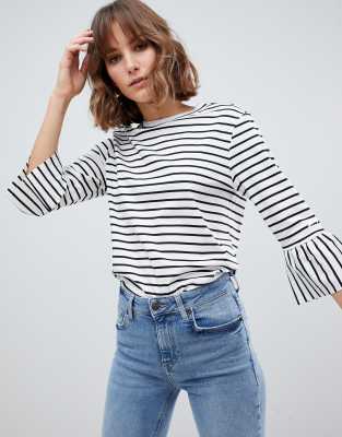 Maison Scotch Stripe Top with Ruffle Sleeves-Navy