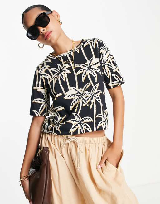 Maison Scotch - T-shirt girocollo in cotone con stampa di palme