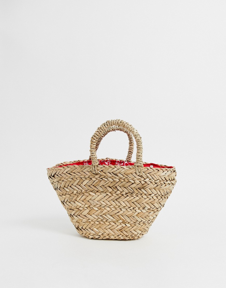 фото Маленькая соломенная сумка естественного цвета с платочным принтом на подкладке asos design-коричневый