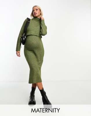 Mamalcious Maternity - Doppellagiges Midi-Strickkleid in Khaki-Grün