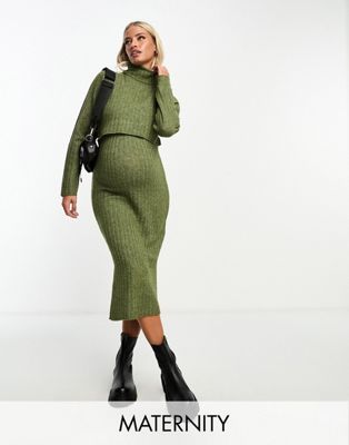 Mamalcious Maternity double layer knitted midi dress in khaki-Green