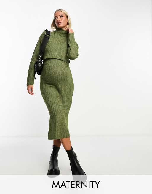 MAMA.LICIOUS Mamalicious Maternity Long Sleeve Midi Dress In Khaki