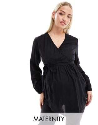 Mamalcious maternity floaty wrap blouse in black