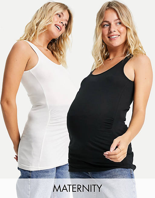 Mamalicious Maternity cotton blend 2 pack basic vests in black and white - MULTI
