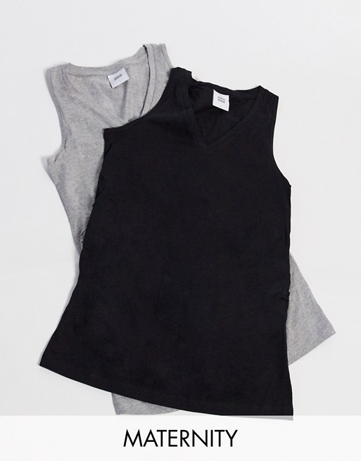 Mamalicious 2 pack of v neck tank tops in black & grey