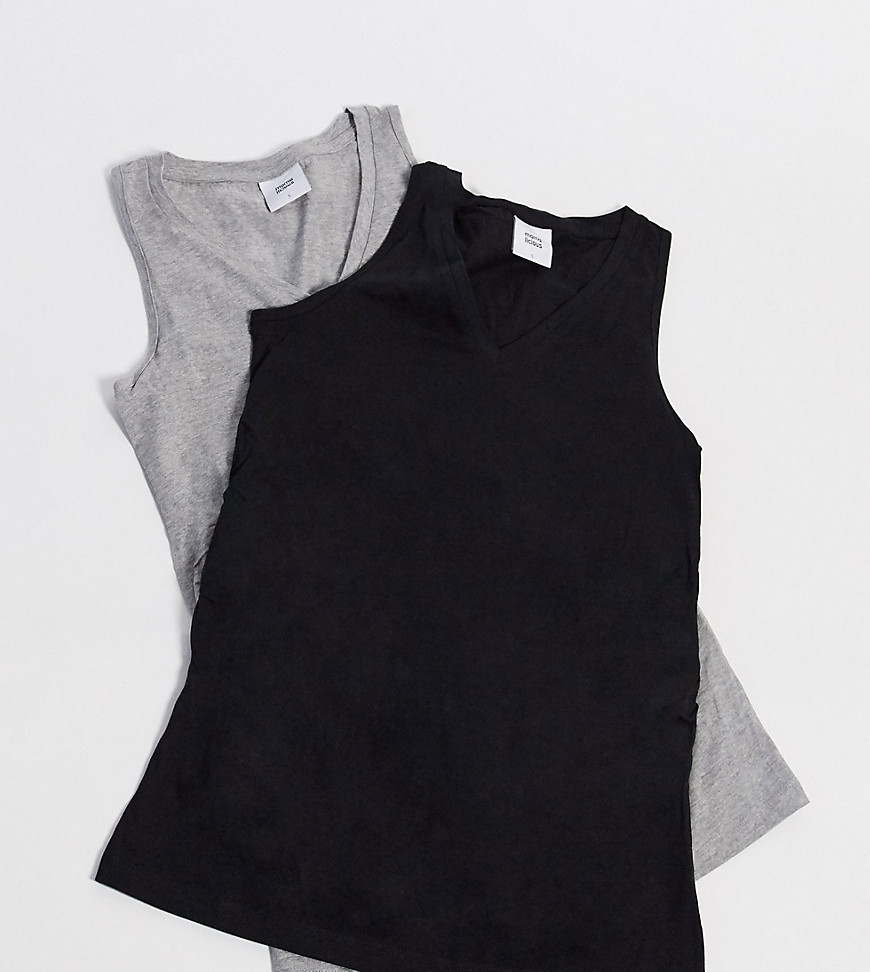 Mamalicious 2 pack of v neck tank tops in black & grey-Multi