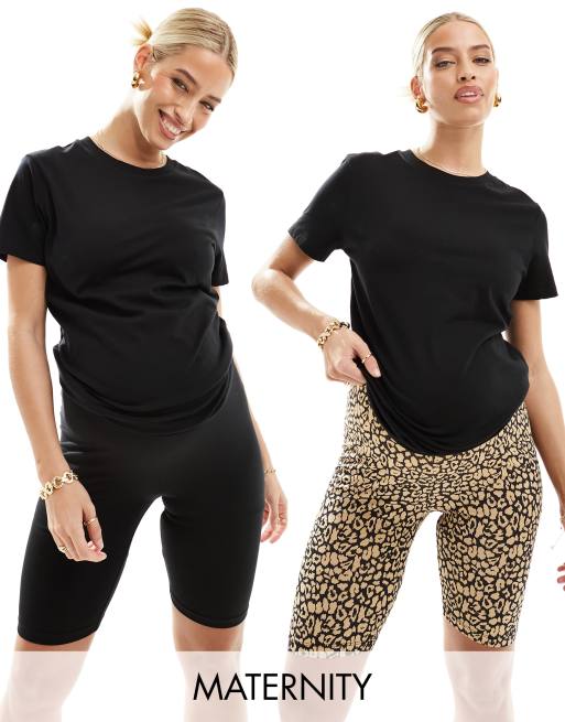 Mamalicious – 2er-Pack Legging-Shorts in Schwarz und Leopardenmuster für über den Babybauch