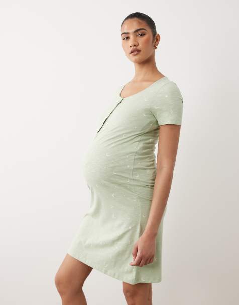 Mamalicious - Chemise de nuit de grossesse et d'allaitement à imprimé étoiles - Vert sauge - view 1