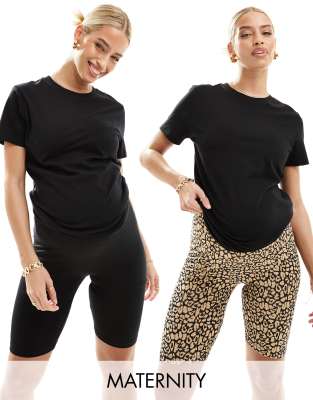 Mamalicious - Confezione da 2 paia di leggings con fascia sopra il pancione neri e leopardati