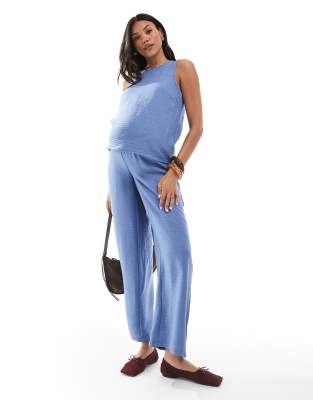 Mama.licious Mamalicious crinkle textured wide leg trouser co-ord in blue