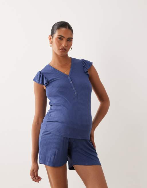 Mamalicious - Ensemble de grossesse en jersey côtelé avec top à manches volantées et short - Bleu indigo, 3 de 4