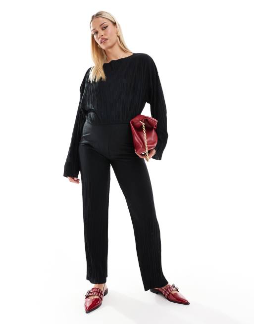 Mamalicious Ensemble de grossesse plisse avec pantalon ample et crop top a manches longues Noir ASOS